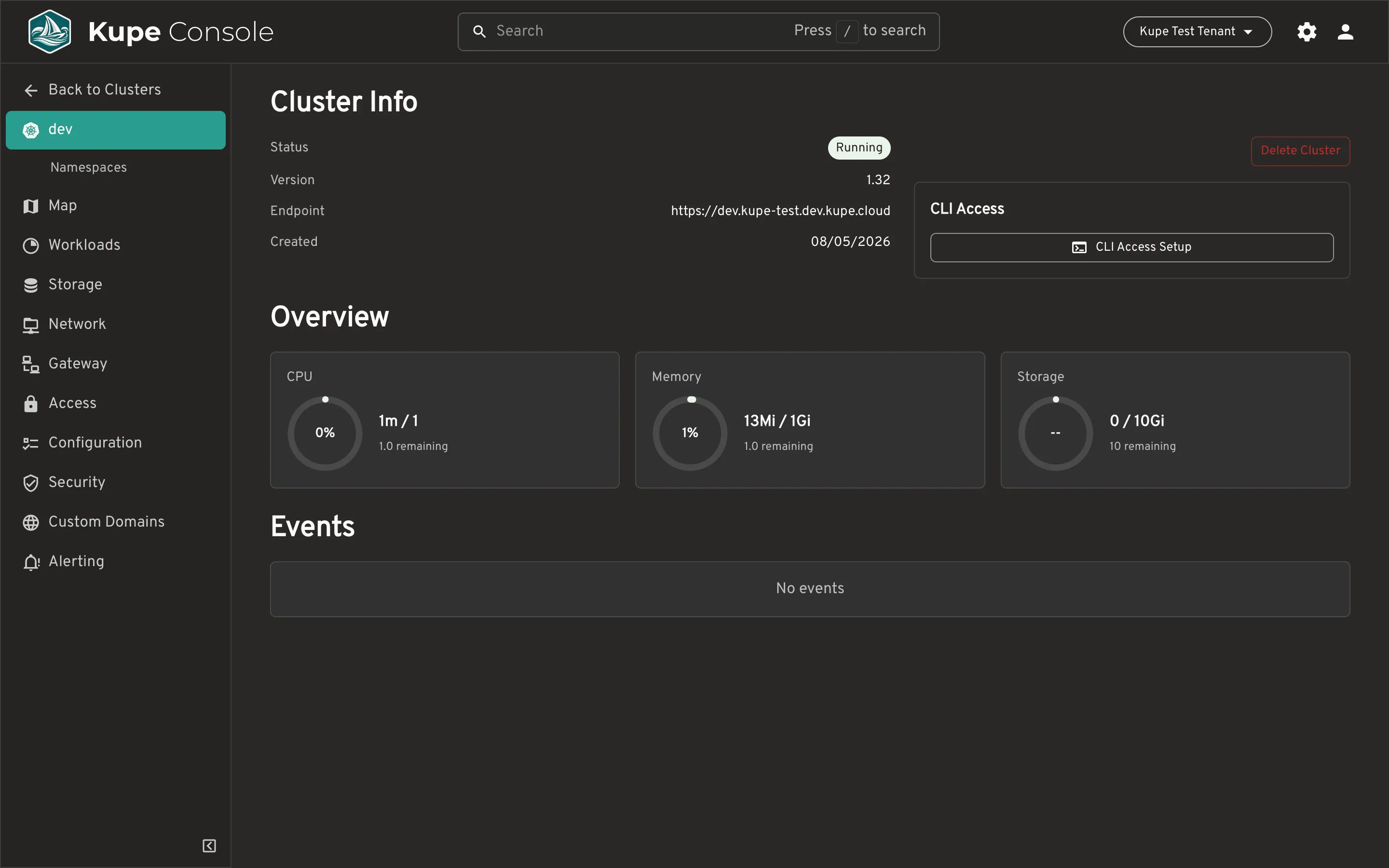 Kupe Console — dev cluster overview with resource usage and events.