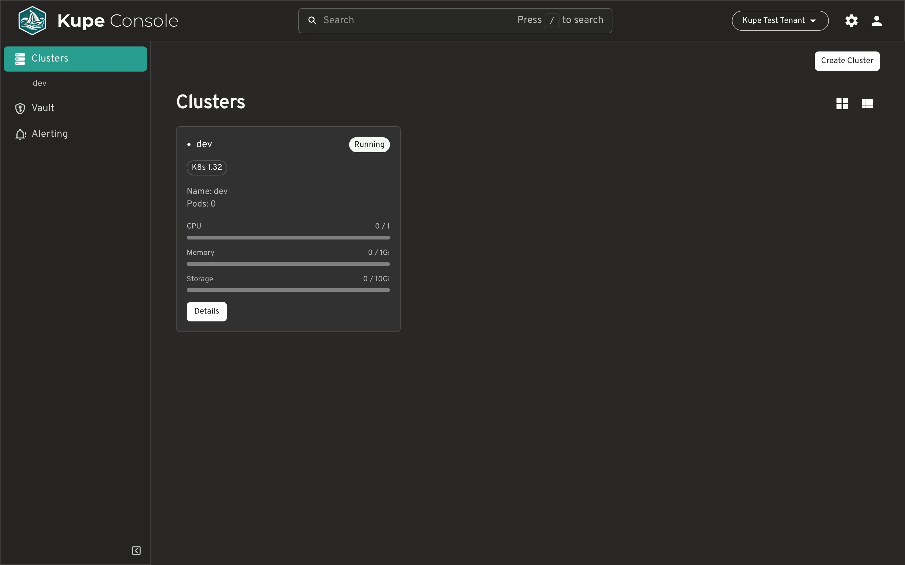 Kupe Console — clusters list showing the dev cluster.