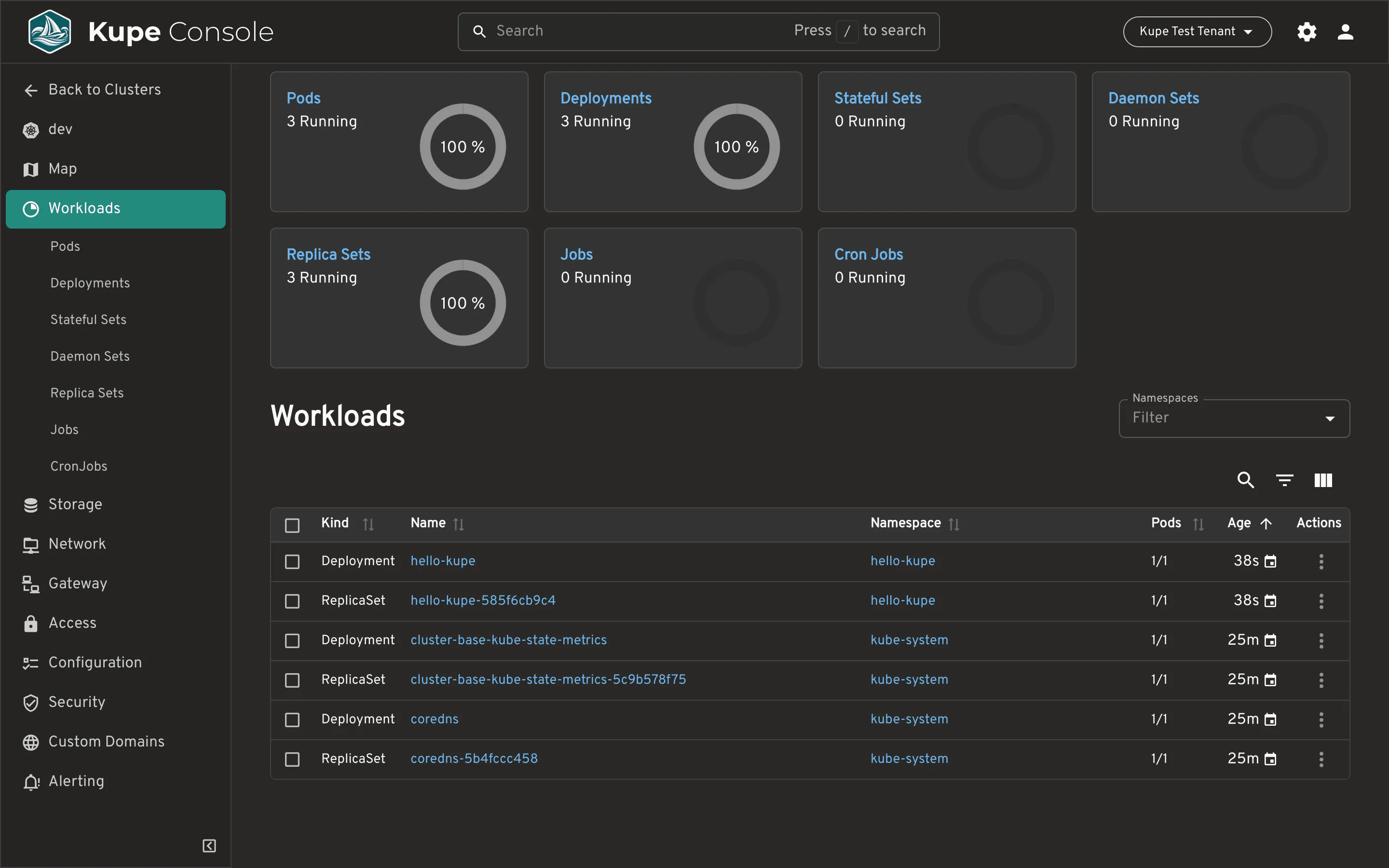 Kupe Console — Workloads page showing hello-kupe deployment and pod.