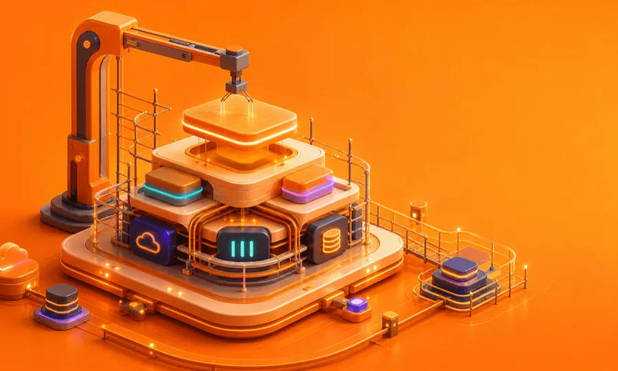 Abstract cloud platform construction scene with a gantry assembling rounded infrastructure layers and connected service modules.