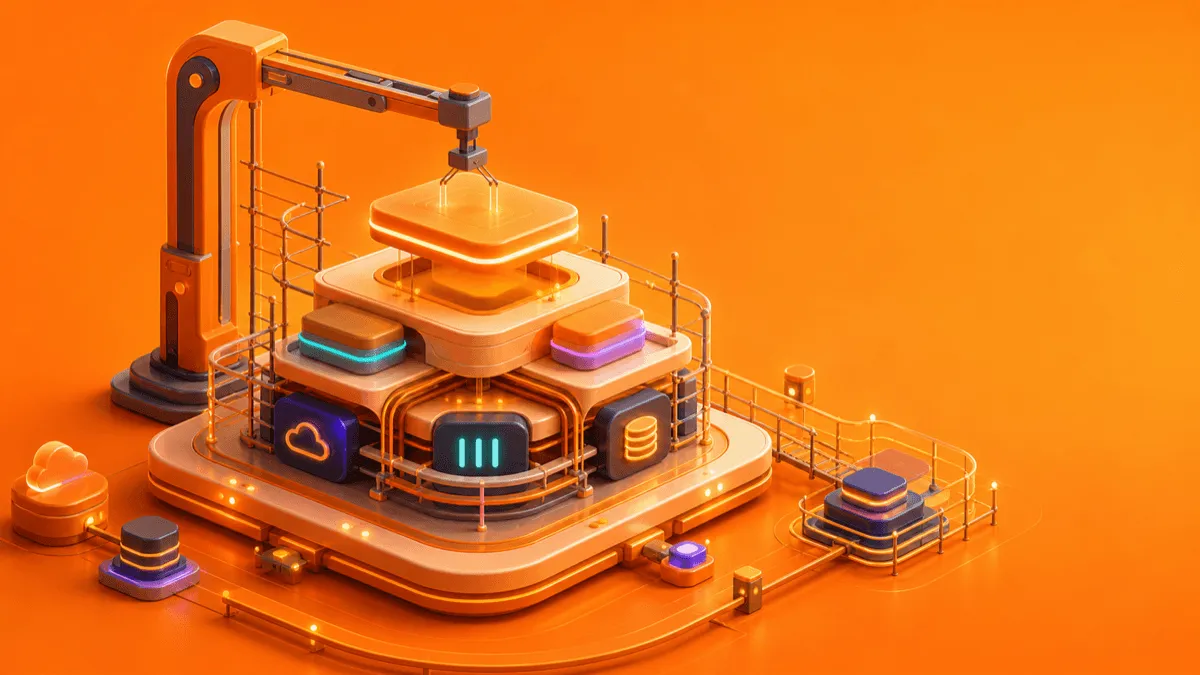 Abstract cloud platform construction scene with a gantry assembling rounded infrastructure layers and connected service modules.