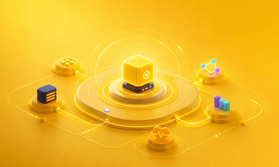 Abstract yellow cloud platform illustration with a small demo workload beacon, health pulse rings, and connected platform checks.