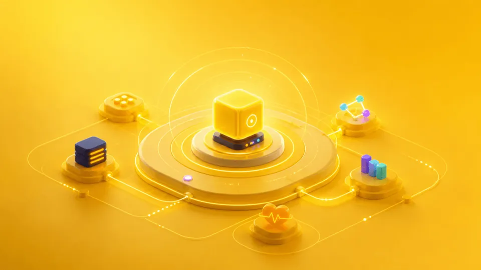 Abstract yellow cloud platform illustration with a small demo workload beacon, health pulse rings, and connected platform checks.